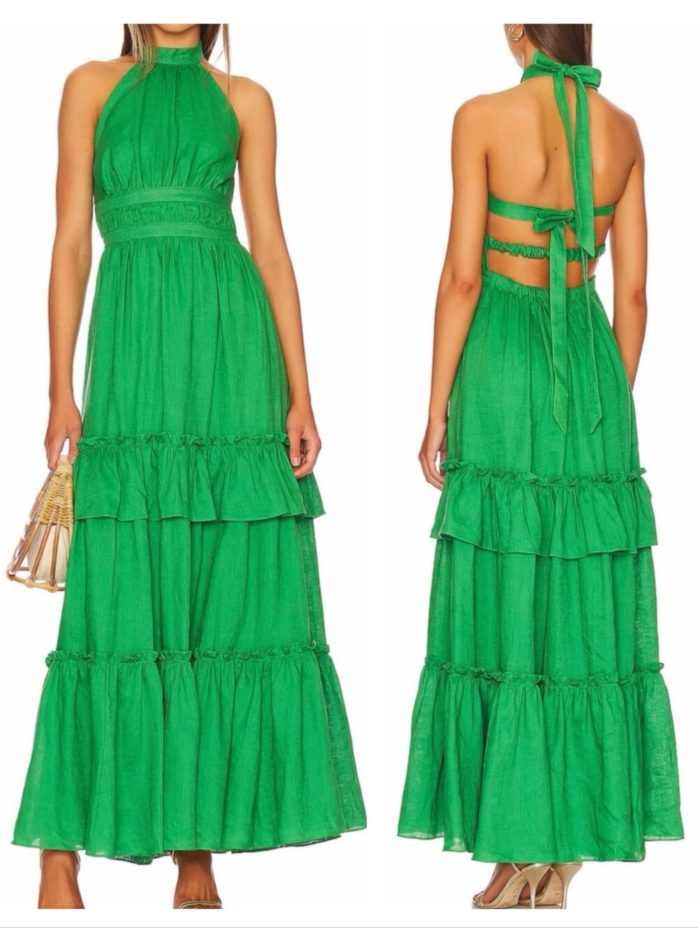 CAMI NYC Raeann Linen Dress in Palm Green Size Small Tiered Maxi Resort Vacay